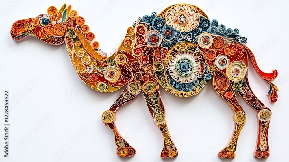 Obraz premium Intricate Paper Quilling Art of a Camel with Colorful Spirals and Swirls Detail Design.