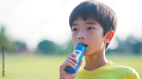 Young Boy Using a Peak Flow Meter Outdoors photo