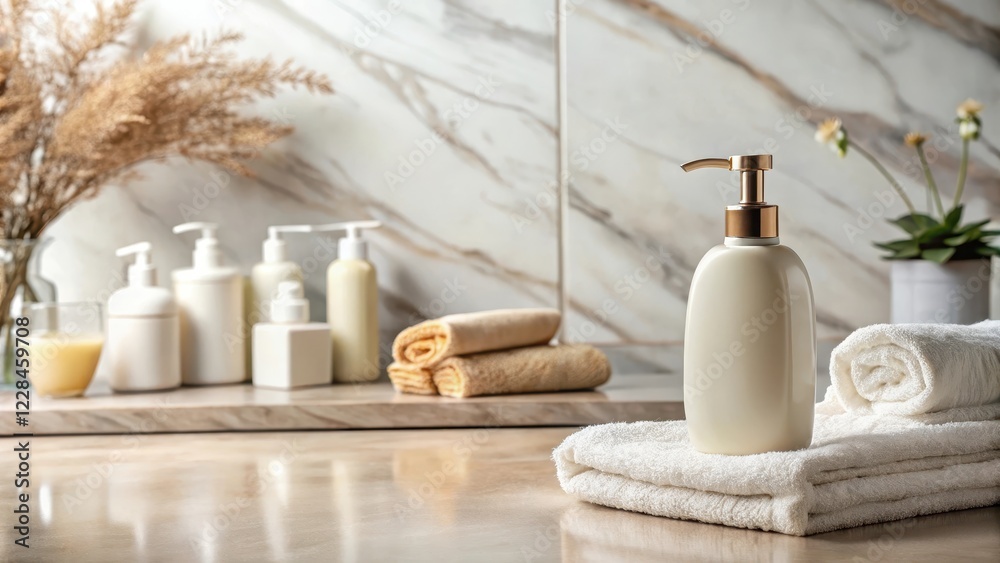 A bottle of shampoo on a marble countertop with a bar of soap in the background, surrounded by decorative towels and a few bottles of lotion, home decor, simple A bottle of shampoo on a marble countertop with a bar of soap in the background, surrounded by decorative towels and a few bottles of lotion, home decor, simple