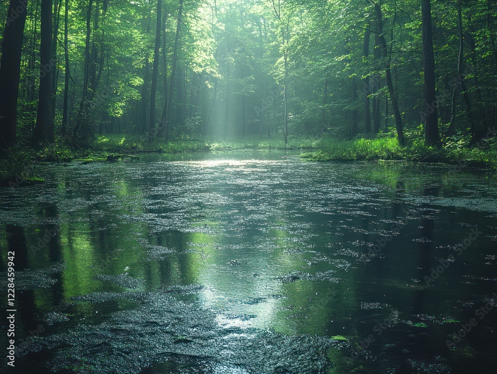 Fototapeta premium Sunlight Pierces a Misty Forest and Reflects on the Calm Surface of a Forest Pond