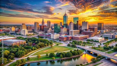 Aerial view of the Omaha skyline at sunset, omaha skyline, america, omaha skyline, america, sunsets