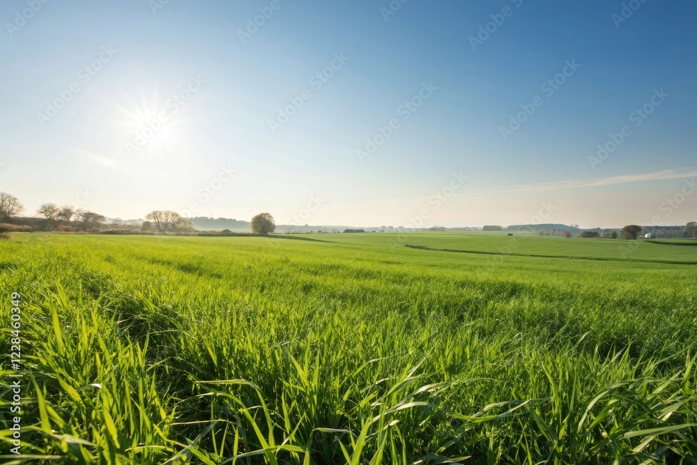 Field under bright sunlight with lush green grass stretching out into the distance, green grass, sunlight, sports field, green landscape, stadium background Field under bright sunlight with lush green grass stretching out into the distance, green grass, sunlight, sports field, green landscape, stadium background