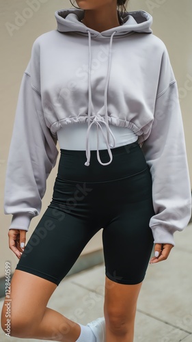 A young woman is wearing a stylish cropped hoodie and high-waisted shorts, showcasing a modern casual outfit perfect for urban settings photo