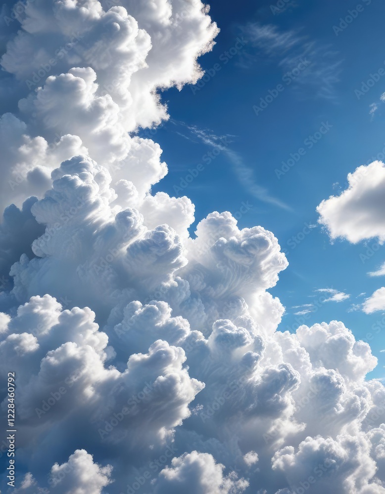Fluffy white clouds against a brilliant blue sky with a subtle sense of depth and dimension, vast space, bright Fluffy white clouds against a brilliant blue sky with a subtle sense of depth and dimension, vast space, bright