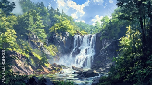 Majestic waterfall cascades in lush forest; sunny day, calm river below; nature scene for travel brochure