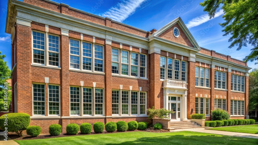 Fototapeta premium Exterior of American school building with brick facade and large windows, classic design, greenery surroundings