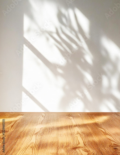 Natural Wooden Table with Soft Plant Shadows on a White Wall