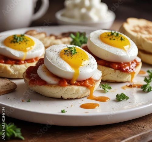 Freshly poached eggs placed atop toasted English muffins with an overabundance of luscious hollandeise sauce, poached eggs, egg toppings photo