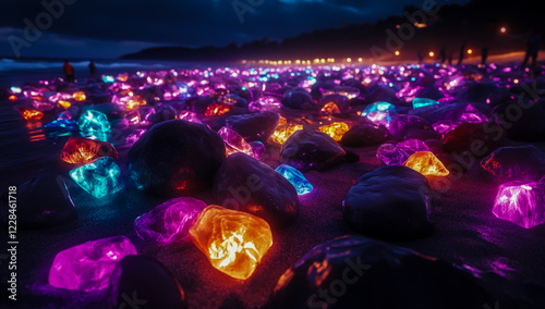 A beach at night with smooth, vibrant, glowing rock fields.
