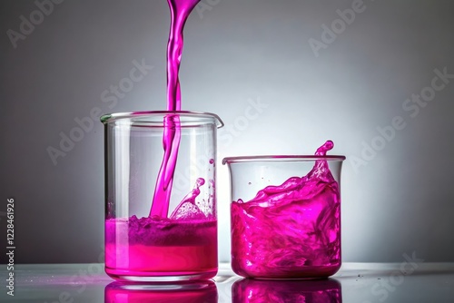fuchsia slime substance pouring from a container into a glass beaker, fuchsia, pigment, experiment, chemical, laboratory