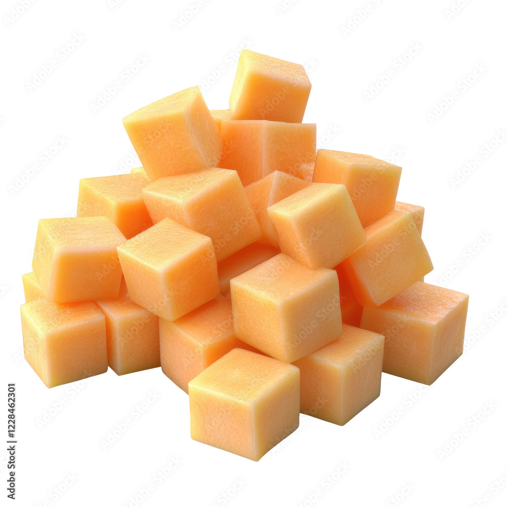 Cut Cantaloupe Cubes in a Pile Isolated on Transparent or blank Background, PNG Cut Cantaloupe Cubes in a Pile Isolated on Transparent or blank Background, PNG