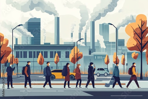 Masked pedestrians walk past a polluting factory photo