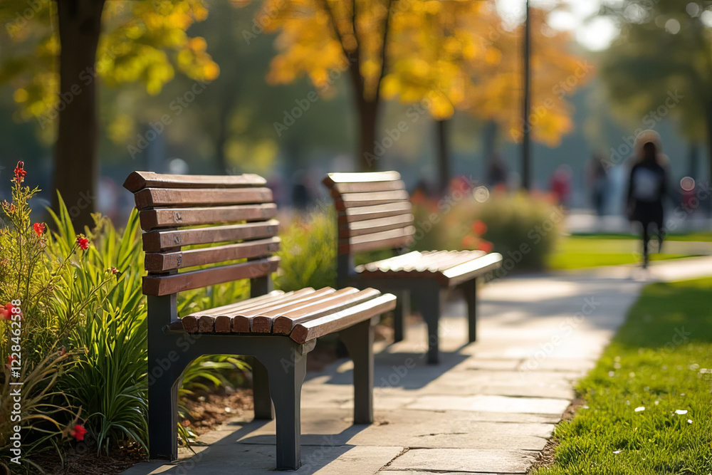 Two wooden benches in park surrounded by flowers and trees, creating serene atmosphere Two wooden benches in park surrounded by flowers and trees, creating serene atmosphere