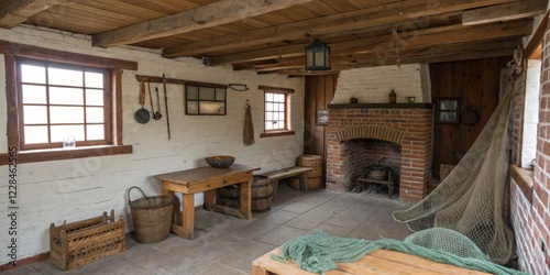 Cozy interior of a rustic farmhouse featuring wooden furniture and a traditional fireplace