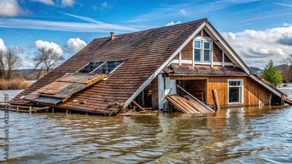 A house with a severely damaged roof, partially submerged in water and covered in debris, showing signs of structural collapse , flooded home, structural failure