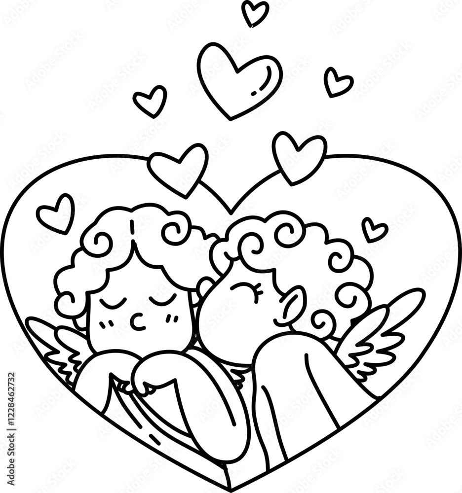Fototapeta premium Hand drawn cute cupid boy cartoon doodle outline 