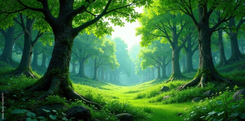 Naklejka premium Lush forest landscape with a vast expanse of trees and greenery, forest, scenery