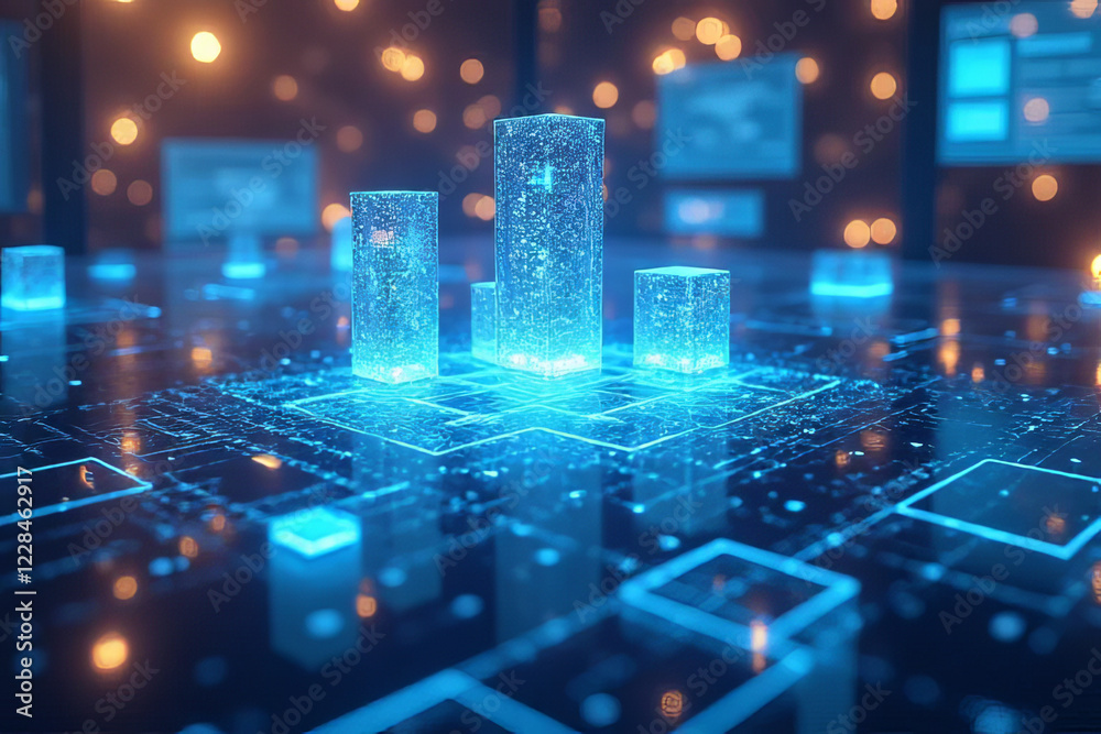 Obraz premium Digital data visualization with glowing blue bars and circuits, showcasing technology and innovation