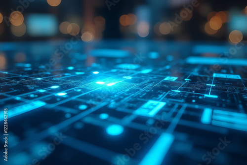 Futuristic digital technology with glowing blue circuits and data patterns