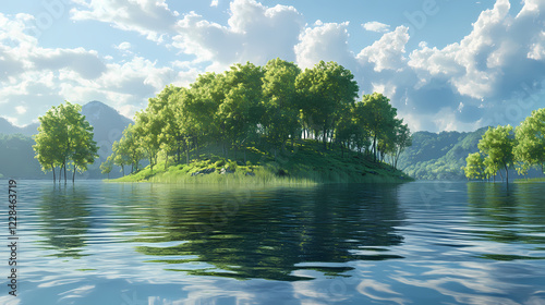 A serene lake whispers with gentle ripples, hosting an idyllic island crowned by a lush, green hillock. flanking shores boast leafy sentinels beneath a vast sky. Whispering Harbor. Illustration photo