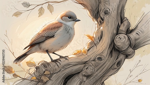 Fine pencil sketch of a serene bird, with soft, feathery feathers in muted shades of brown and grey, perched on a gnarled, twisted tree trunk, with intricate knots and curves, against a smooth, velvet