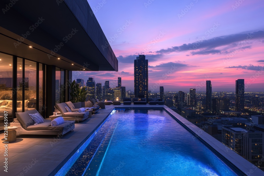 Obraz premium Infinity pool overlooking city skyline at sunset
