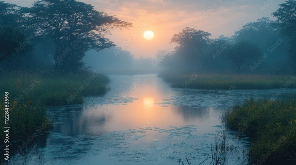 Misty dawn over calm waters with sun reflection trees grass and yellow flowers in nature Misty dawn over calm waters with sun reflection trees grass and yellow flowers in nature