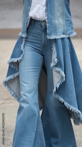 This stylish outfit features a unique combination of denim pants and a layered, fringed jacket. Perfect for fashion enthusiasts looking to make a statement in their wardrobe. photo