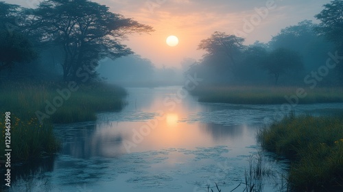 Misty dawn over calm waters with sun reflection trees grass and yellow flowers in nature