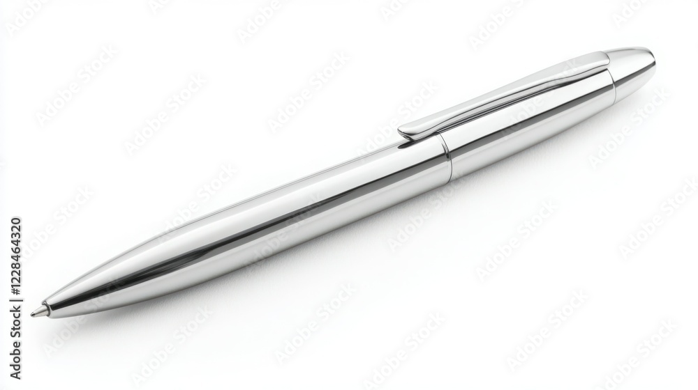 Sleek silver pen on white background. Modern and minimalist design. Sleek silver pen on white background. Modern and minimalist design.