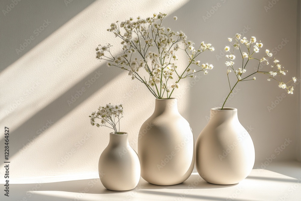Minimalistic white vases with delicate dried flowers in sunlight Minimalistic white vases with delicate dried flowers in sunlight