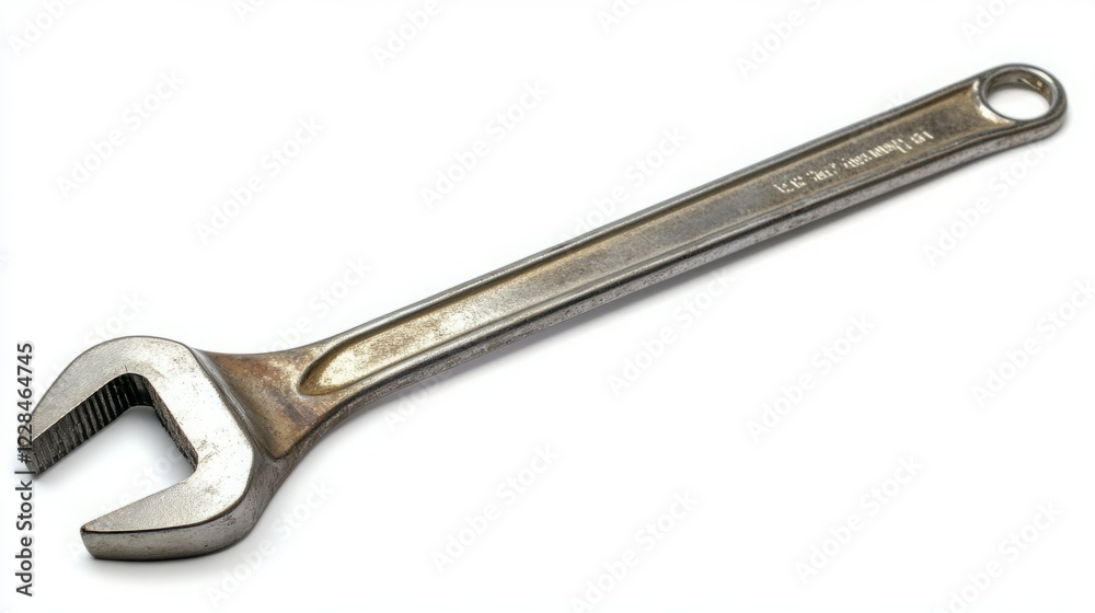Close-up of a well-used adjustable wrench against a stark white background. Close-up of a well-used adjustable wrench against a stark white background.