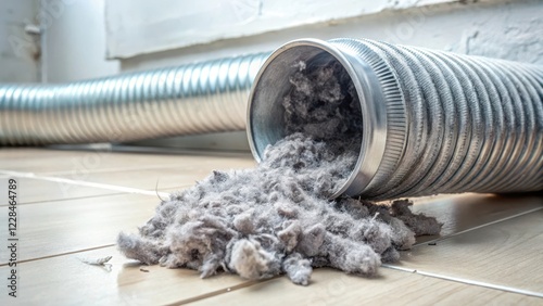 Flexible aluminum dryer vent duct filled with lint and dust particles in a messy tumble on the floor, aluminum duct, lint buildup photo