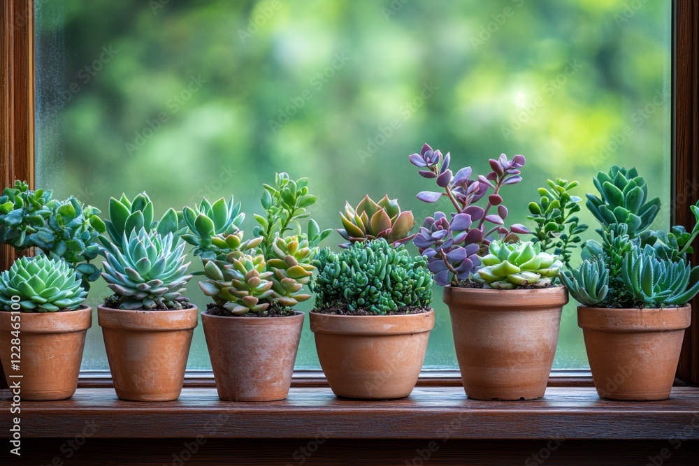 Collection of potted succulent plants on a wooden table Collection of potted succulent plants on a wooden table