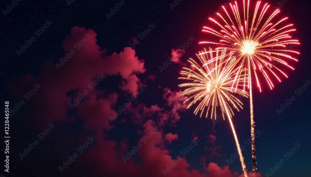 New Year's fireworks display, cityscape, night sky New Year's fireworks display, cityscape, night sky