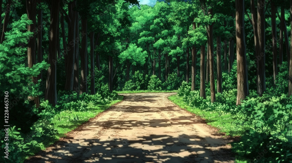 Serene forest path winding through lush greenery under a bright blue sky, inviting exploration Serene forest path winding through lush greenery under a bright blue sky, inviting exploration