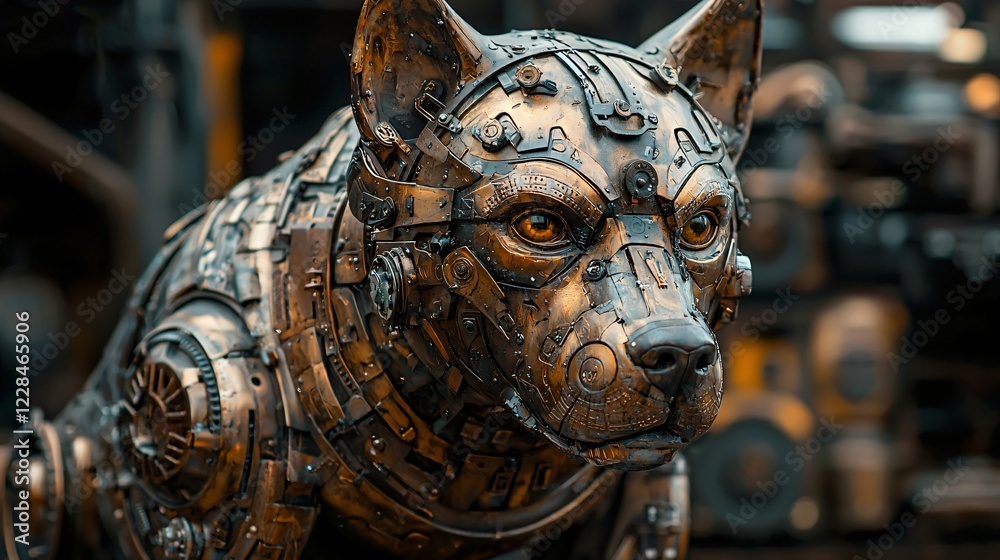Fototapeta premium Steampunk Canine Robot Detailed Metallic Surface and Bright Eyes Futuristic Art Piece.