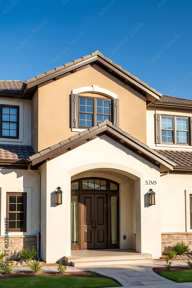 Luxury House Exterior: Modern Home Architecture and Design. Stunning Facade, Elegant Entrance, and Beautiful Landscaping. Real Estate Property Luxury House Exterior: Modern Home Architecture and Design. Stunning Facade, Elegant Entrance, and Beautiful Landscaping. Real Estate Property