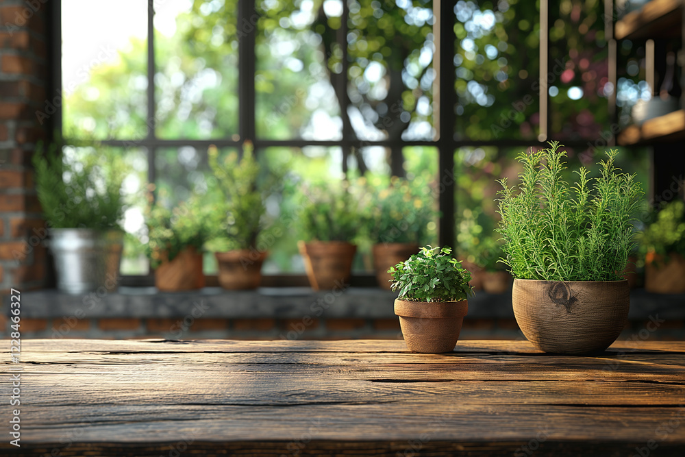 Golden sunlight spills onto a rustic wooden table, illuminating potted plants against a backdrop of a large window overlooking a lush garden, symbolizing a tranquil indoor escape. Golden sunlight spills onto a rustic wooden table, illuminating potted plants against a backdrop of a large window overlooking a lush garden, symbolizing a tranquil indoor escape.