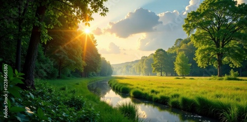 Panorama des Waldes mit Sonnenstrahlen und Eichen , wald, panorama, helios photo