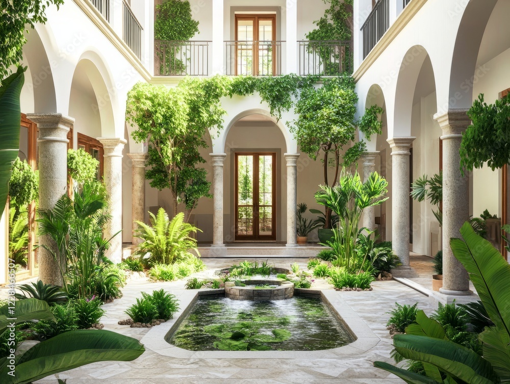 Fototapeta premium Hotel courtyard featuring garden water features greenwhitestone color scheme