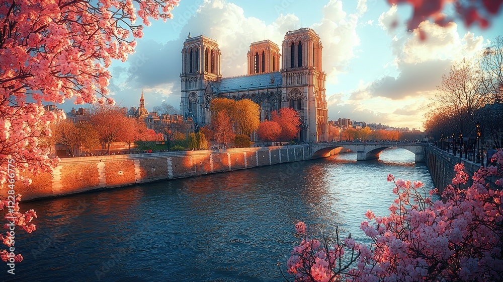 Fototapeta premium Notre Dame Cathedral Paris Springtime River Setting