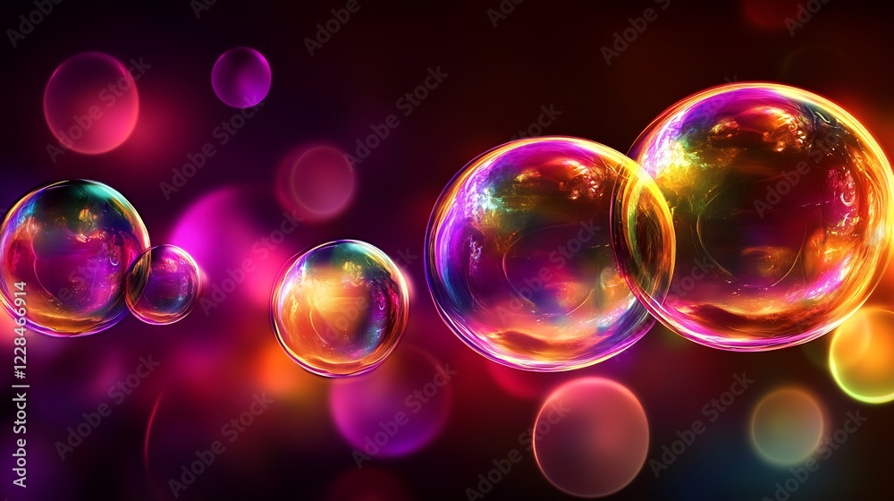 Luminous iridescent spheres float in a dark vibrant space Luminous iridescent spheres float in a dark vibrant space