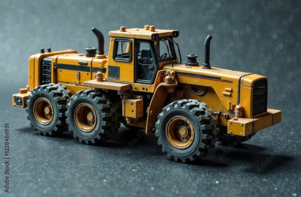 Miniature yellow model of construction machinery with powerful wheels. Detailed construction equipment. Gray background. Miniature yellow model of construction machinery with powerful wheels. Detailed construction equipment. Gray background.