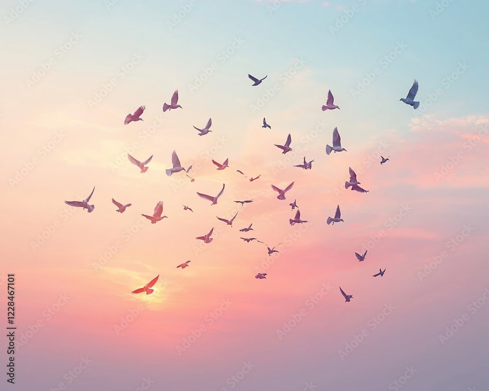Obraz premium Birds flying in a pastel sunset sky.