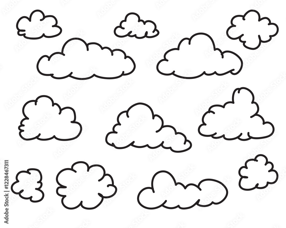 Set clouds sketch hand drawn doodle vector isolated. Set clouds sketch hand drawn doodle vector isolated.