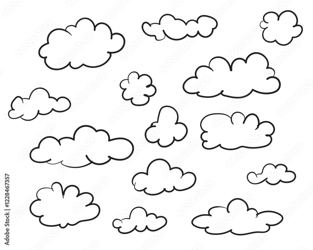 Set clouds sketch hand drawn doodle vector isolated. Set clouds sketch hand drawn doodle vector isolated.