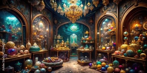 opulent chamber filled with glittering gemstones and rare antiquities, fine art photo