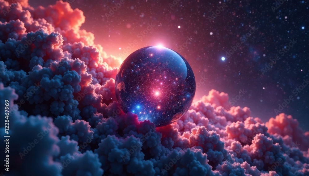 Fototapeta premium Shimmering sphere amidst void, technology, abstract