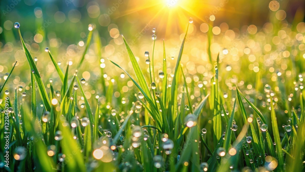 Fototapeta premium Fresh spring green grass with dew drops glistening in the early morning sunlight , nature, vibrant, fresh, green